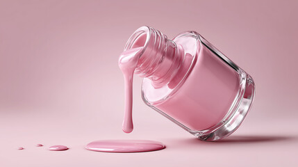 Pink nail polish spilling from overturned bottle on pink background
