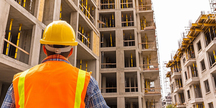 Construction worker overseeing building site progress Generative AI