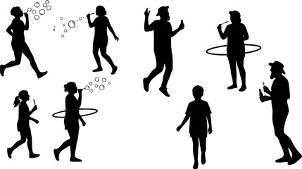 Silhouettes of people playing with bubbles and hula hoops creating a playful and active atmosphere scene | editable eps vectors
