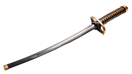 A close up shot of a katana with a brown and gold handle on a white background in a studio setting