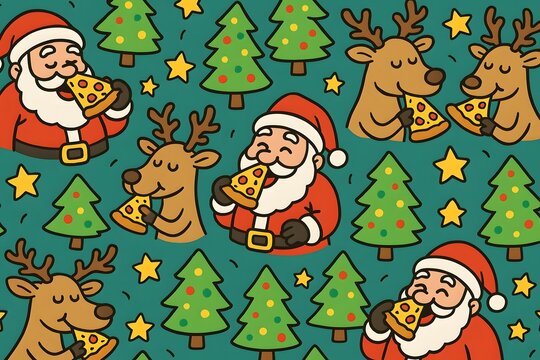 Seamless funny Santa and reindeer pizza party pattern