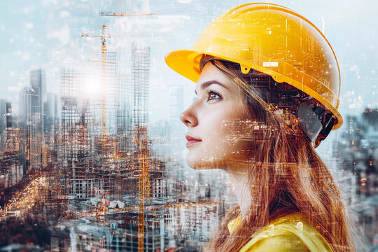Woman in yellow hard hat observing city construction site Generative AI - Powered by Adobe