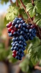 Fototapeta premium Rows of green grapevines bear clusters of ripe dark grapes, reflecting the warm light of the evening sky in a tranquil vineyard setting