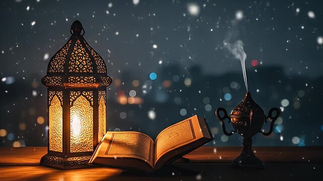 Ornate Ramadan Lantern with Book and Incense Burner with Rising Smoke in a Night Cityscape Under Falling Snowflakes