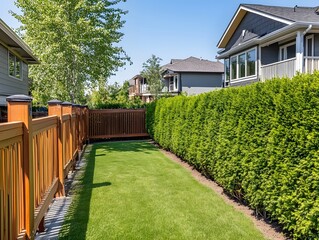 Stunning Backyard Landscape Design with Wooden Fence and Lush Green Hedge
