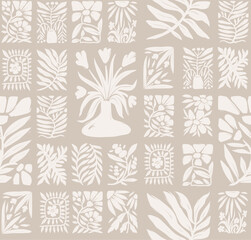 Obraz premium Seamless groovy linocut vector floral pattern with decorative botanical frames