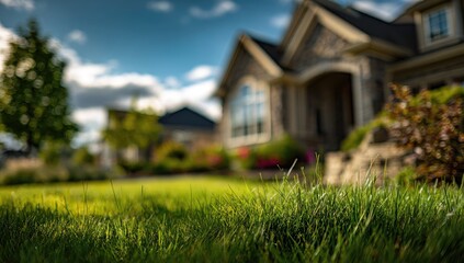 Close-up of vibrant green lawn leading to a suburban home.  Blurred background shows landscaping and a house