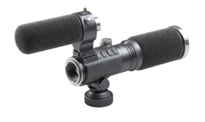 Dual-microphone boompole assembly.  Dark gray, two microphones with foam windshields attached to a central boom pole.  Adjustable mounting