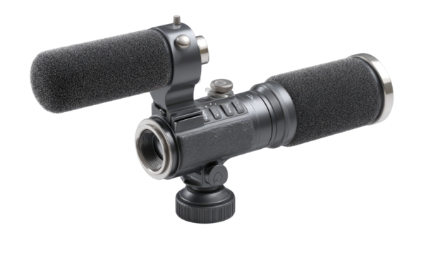 Dual-microphone boompole assembly.  Dark gray, two microphones with foam windshields attached to a central boom pole.  Adjustable mounting