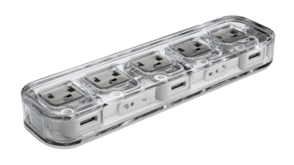 Clear plastic enclosure houses four AC outlets and two USB ports