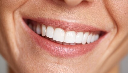 Obraz premium Close-up of a smiling woman's mouth, showing healthy, white teeth