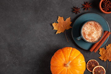 Autumn Pumpkin Spice Latte with Cinnamon. Copy space