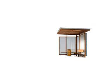 A bus shelter, wooden construction, waiting, with a chair and trash can