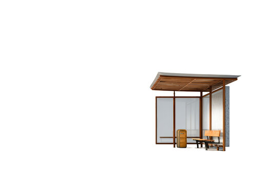 A bus shelter, wooden construction, waiting, with a chair and trash can