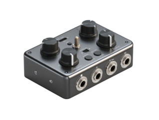 Dark gray audio processing pedal with knobs and jacks