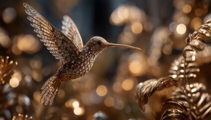 Obraz premium Golden hummingbird ornament in flight, detailed with glittering embellishments, against a bokeh background of golden foliage