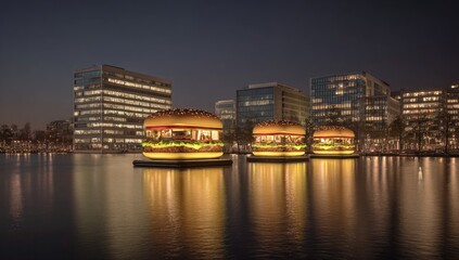Fototapeta premium Illuminated floating burger restaurants on a tranquil body of water at twilight, reflecting modern architecture