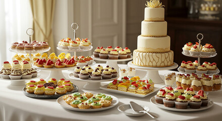 Fototapeta premium A dessert table with a variety of cakes and cupcakes on it