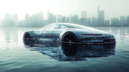 Detailed illustration of a luxury sedan, surprisingly adapted to float, with elegant, understated pontoons, reflecting the remains of grand architecture in the water, against a pure white background. 
