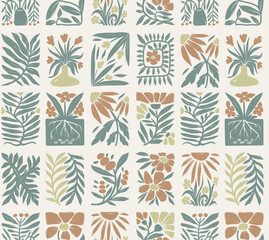 Seamless groovy linocut vector floral pattern with decorative botanical frames