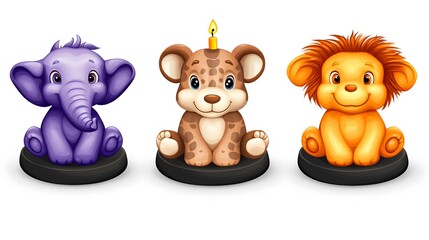 Fototapeta premium Adorable Cartoon Animals Elephant Lion Giraffe Birthday Cake Toppers