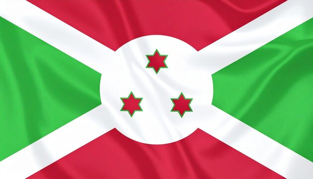 "Burundi's national flag with a white diagonal cross dividing red and green fields, featuring three red six-pointed stars in a white circle symbolizing unity, work, and progress."