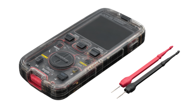 Portable digital multimeter in clear protective case, with probes