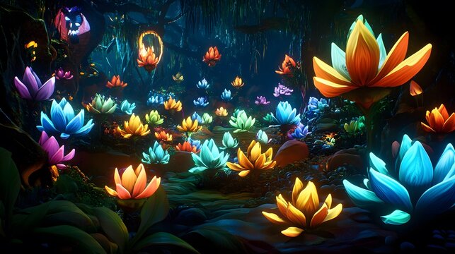 Enchanted Glowing Lotus Flowers in Dark Forest Fantasy Scene - Powered by Adobe