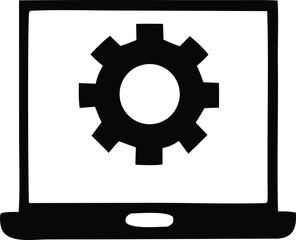 Laptop computer displaying a gear symbol representing settings or configuration options for technology and software