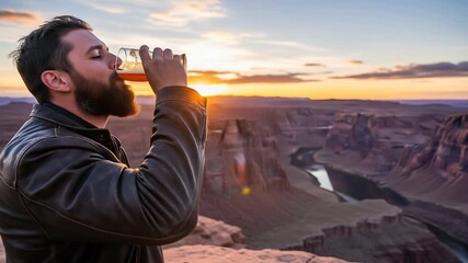 Bearded man enjoying an amber drink at sunset over a vast desert canyon landscape with a winding river serene golden hour light and adventure