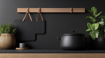 Dark kitchen countertop with black wall, wooden utensils, and plants