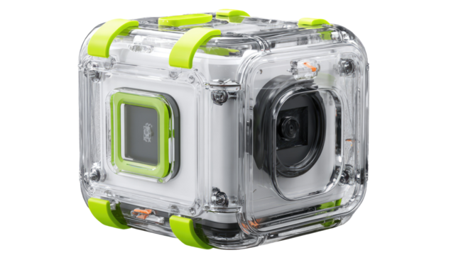 A cube-shaped, transparent camera with lime-green accents