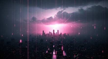 A dramatic cityscape skyline at night under a stormy sky with pink lightning and glowing rain streaks