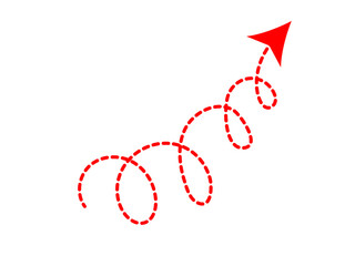 Red dashed spiral arrow pointing upward on a black background showcasing direction and movement in a simple graphic illustration.