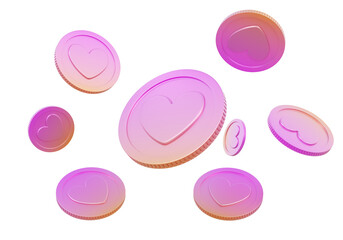 Coins with heart gradient holographic creative symbol on Isolated background. award treasure currency money y2k style cash payment element. 3d render illustration