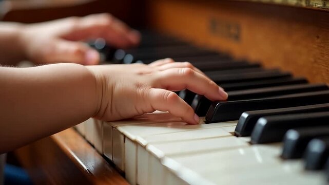 Little hands gracefully dance across piano keys, learning music and creating beautiful melodies, a heartwarming moment of childhood discovery and artistic expression.