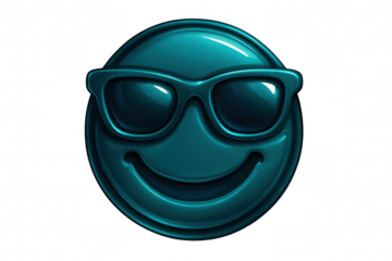 Glossy turquoise emoticon wearing sunglasses, conveying happiness and coolness on a transparent background