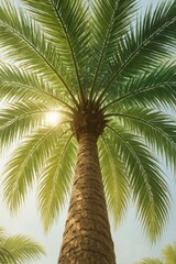 Sunlit palm tree canopy against clear blue sky