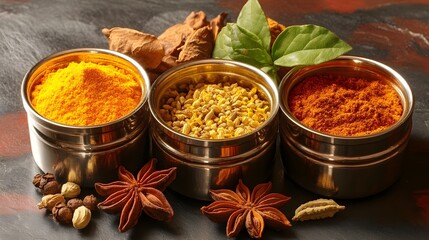 Vibrant Indian Spices Turmeric, Chili, Cumin in Metal Bowls