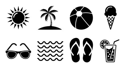 Collection of Black and White Summer Icons: Sun, Palm Tree, Beach Ball, Ice Cream, Sunglasses, Waves, Flip-flops, Drink