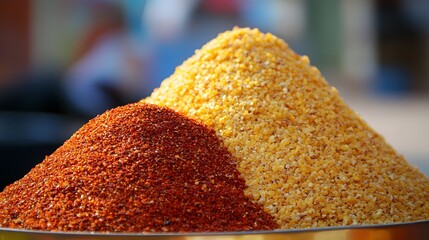 Vibrant Red Chili Powder and Golden Bulgur Wheat Grains