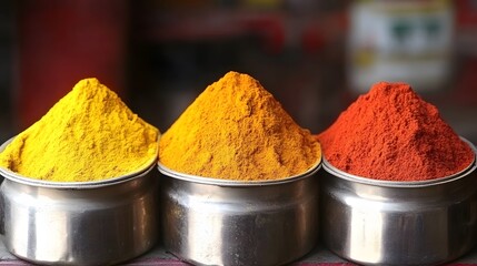 Vibrant Turmeric, Curry, Chili Powder in Bowls