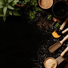 Gardening Tools Plants Soil Flatlay Dark Background