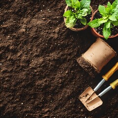 Gardening Tools and Seedlings on Rich Soil Background