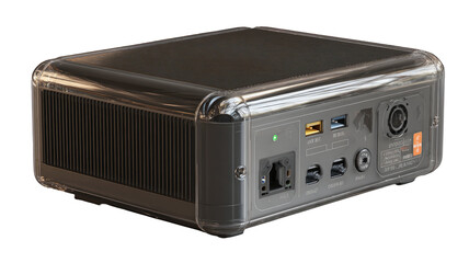 Fototapeta premium Portable power station, rectangular shape, dark gray exterior, clear protective casing, multiple output ports