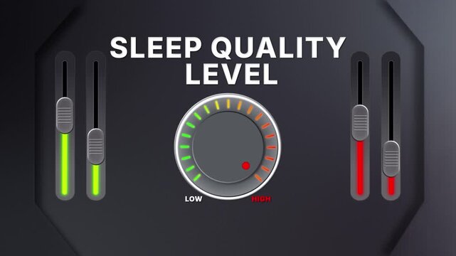 Animation of Sleep Quality level on a circular gauge moving from low to high and back. Can be used to show increase or decrease. Perfect for health, fitness, or data content.