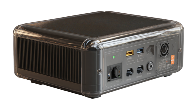 Portable power station, rectangular shape, dark gray exterior, clear protective casing, multiple output ports