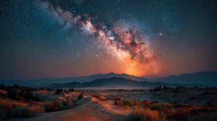A beautiful night sky with a large milky way. The sky is filled with stars and the moon is shining brightly. The scene is peaceful and serene, making it a perfect place to relax