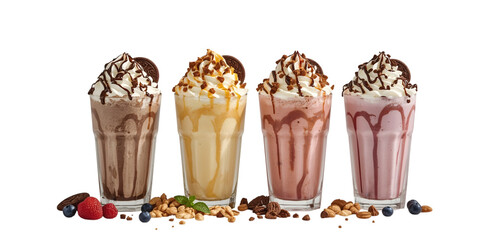 Sweet Symphony of Shakes: A quartet of decadent milkshakes awaits, each a masterpiece of creamy textures and tempting flavors, ready to tantalize the taste buds.