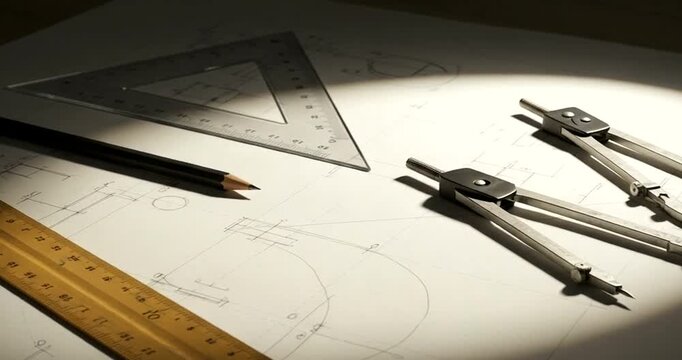 Architectural tools and blueprints on a desk